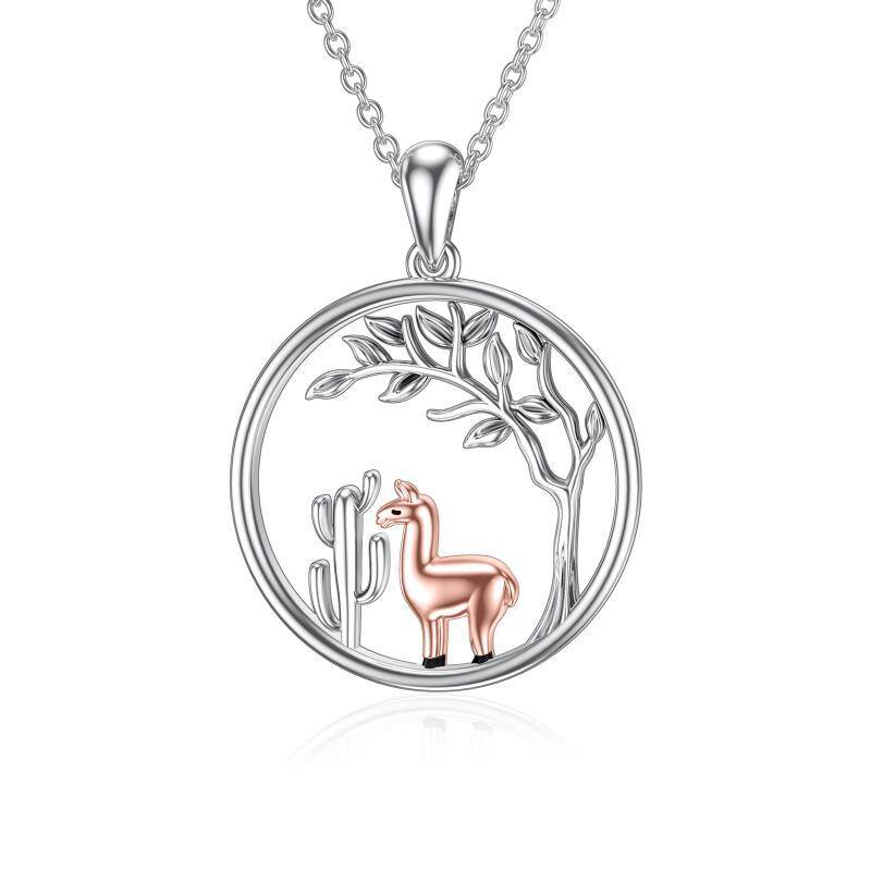 Sterling Silver Two-tone Llama & Cactus Pendant Necklace-1